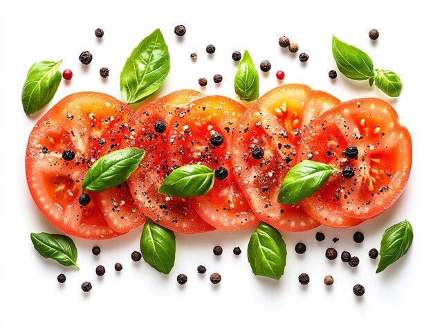 Tomato slices with basil leaves and peppercorns isolated on white background