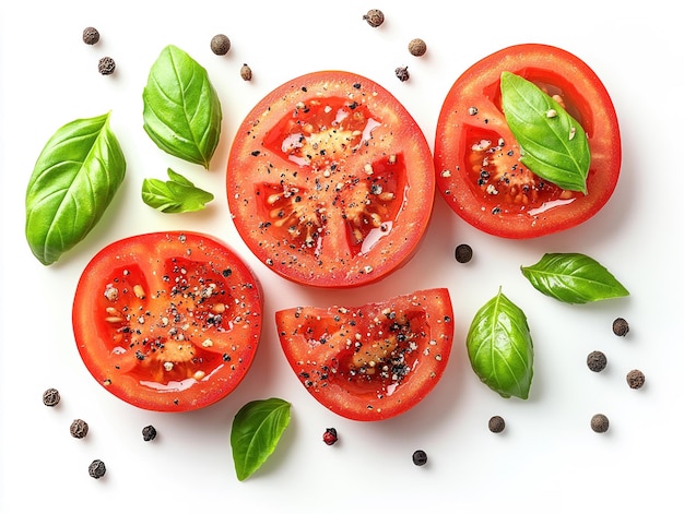 Tomato slices with basil leaves and peppercorns isolated on white background