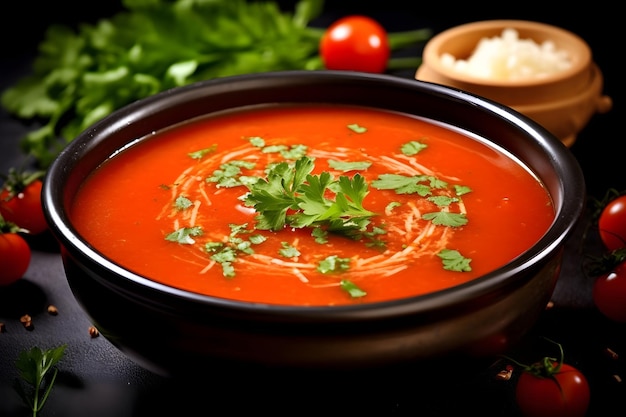 Tomato soup with parsley in a bowl