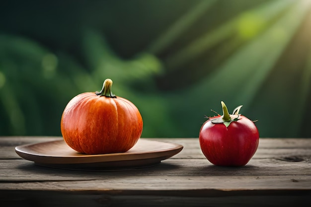 A tomato and a tomato on a wooden table