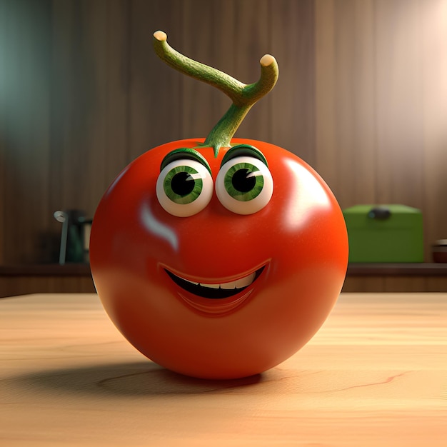 A tomato with a face that has eyes and a smile on it.