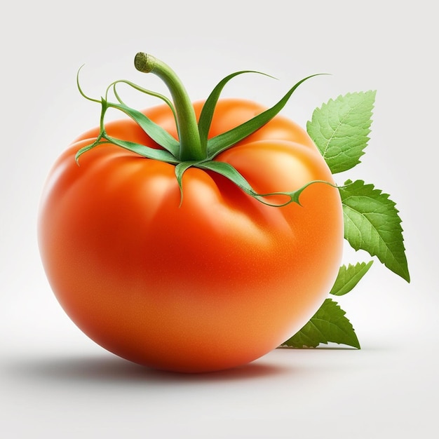 A tomato with green leaves and a stem with the word " tomato " on it.