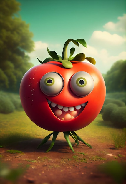 A tomato with two eyes and a smiley face is on a green field