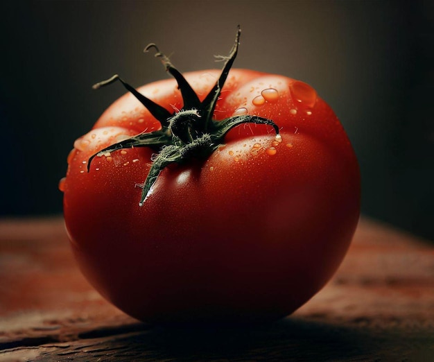 A tomato with water drops on it on a wooden surface.