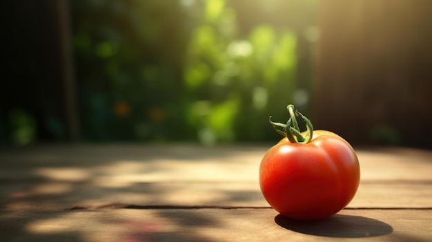 A tomato on a wooden table with blurred garden background