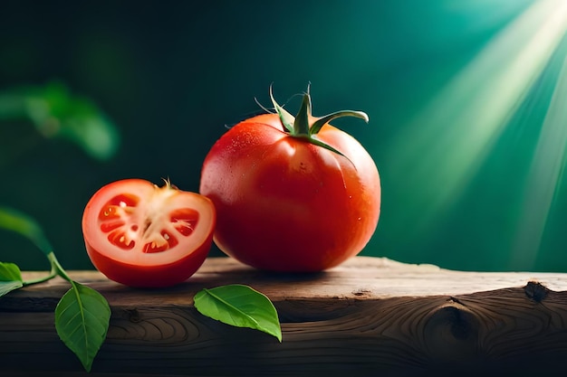 Tomato on a wooden table with green leaves