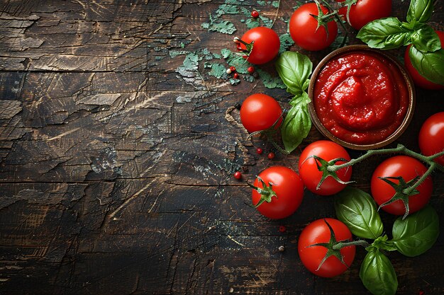 Tomatoes and basil on a wooden table with a bowl of ketchup