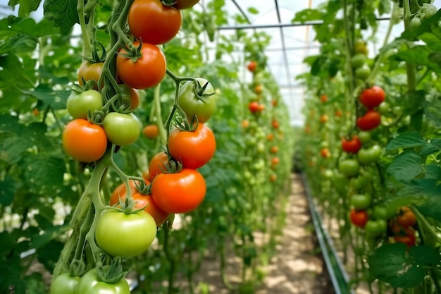 Tomatoes being grown in a greenhouse Generative AI