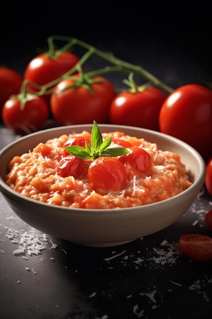 tomatoes and a bowl of risotto with a sprig of basil generative ai