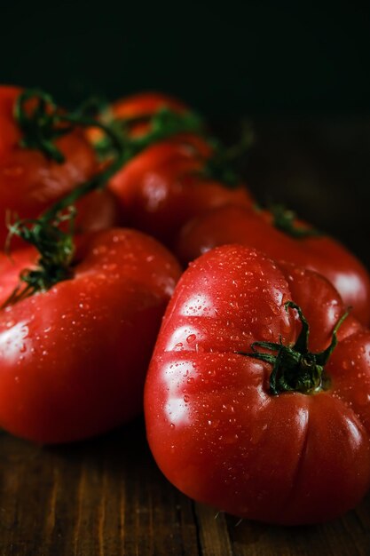 Tomatoes on a branch Fresh tomatoes on a wooden table Azeybarjan tomatoes Ripe tomatoes