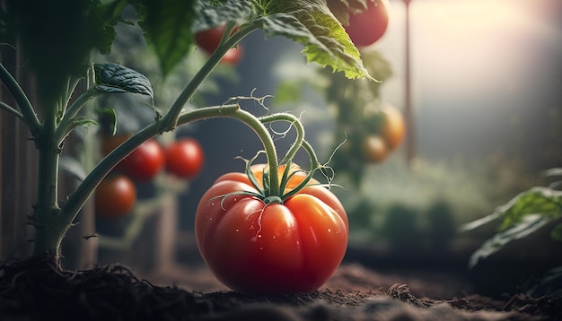 Tomatoes on a branch in a greenhouse Generative AI