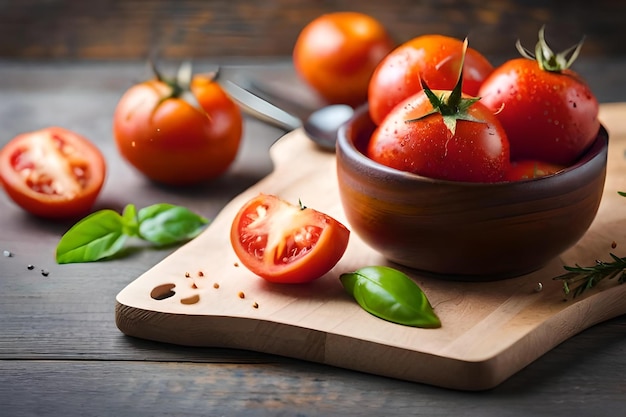 Tomatoes on a cutting board with a bowl of basil