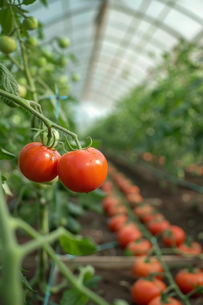 Photo tomatoes in a greenhouse generative ai