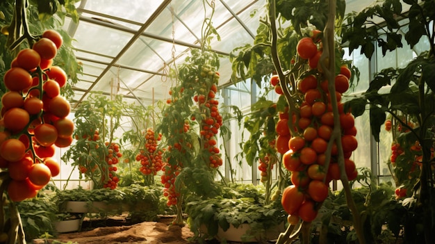 Tomatoes in a greenhouse with green leaves