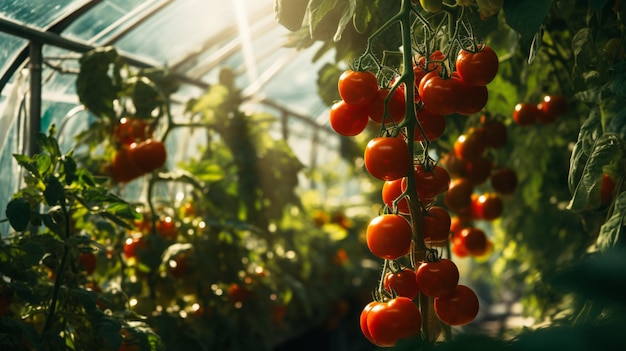 Tomatoes in a greenhouse with green leaves