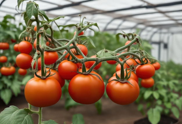 Tomatoes growing in a greenhouse