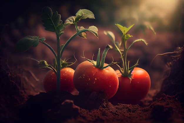 Tomatoes growing in the soil Natural backgroundgenerative ai