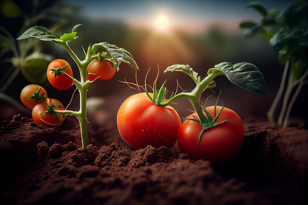 Tomatoes growing in the soil Natural backgroundgenerative ai