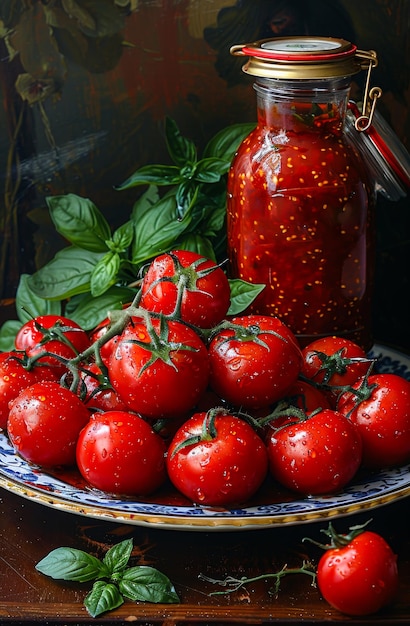 Tomatoes and jar of tomato sauce