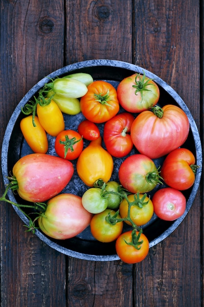 Tomatoes in metal plate, top view