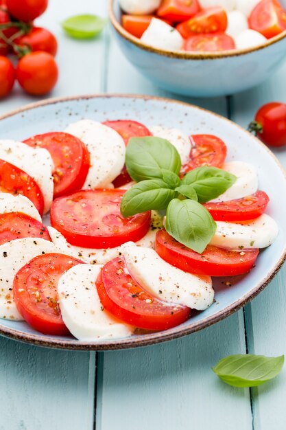 Tomatoes, mozzarella cheese, basil and spices on gray slate stone chalkboard. Italian traditional caprese salad ingredients. Mediterranean food.