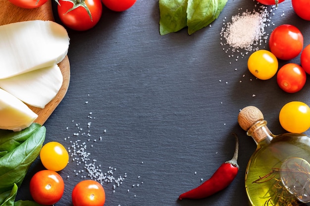 Tomatoes mozzarella cheese salt olive oil and green Basil are lying in circle on dark shale board