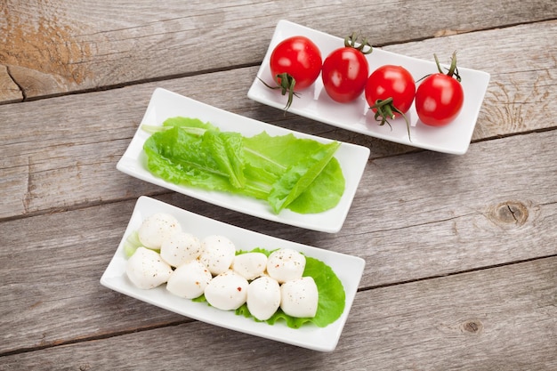 Tomatoes mozzarella and green salad leaves