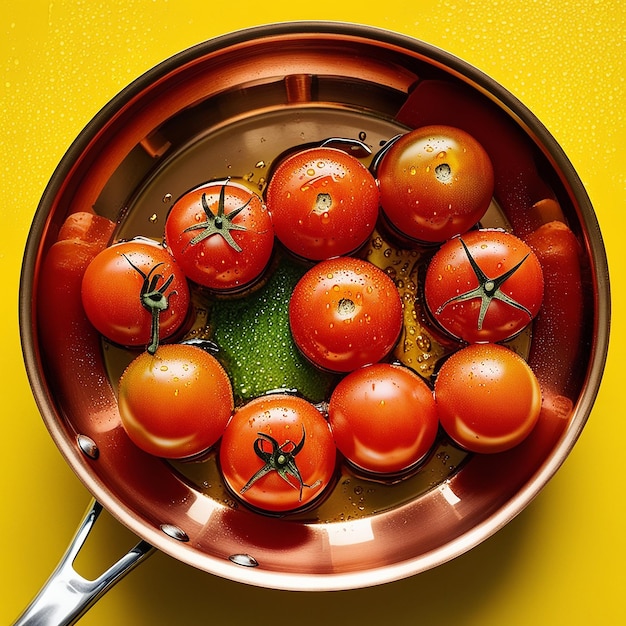 Tomatoes in pan on yellow