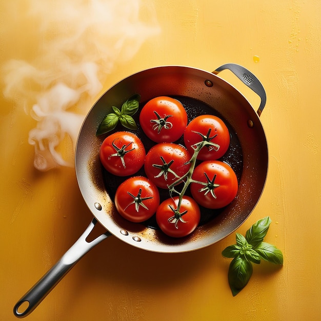 Tomatoes in pan on yellow