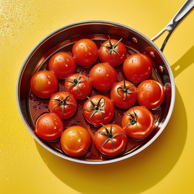 Tomatoes in pan on yellow