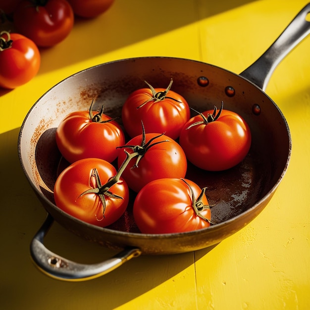 Tomatoes in pan on yellow