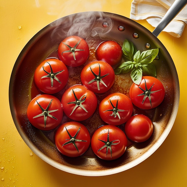 Tomatoes in pan on yellow