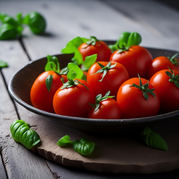 tomatoes in a plate on a wooden background