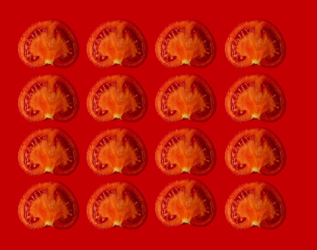 Tomatoes on a red background collage with tomatoes monochrome colours