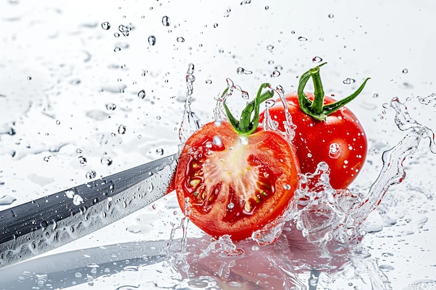 tomatoes slices with knife and water drops and splashes on white background