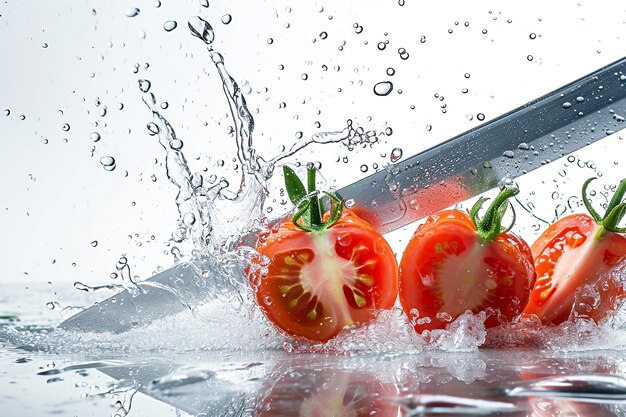 tomatoes slices with knife and water drops and splashes on white background