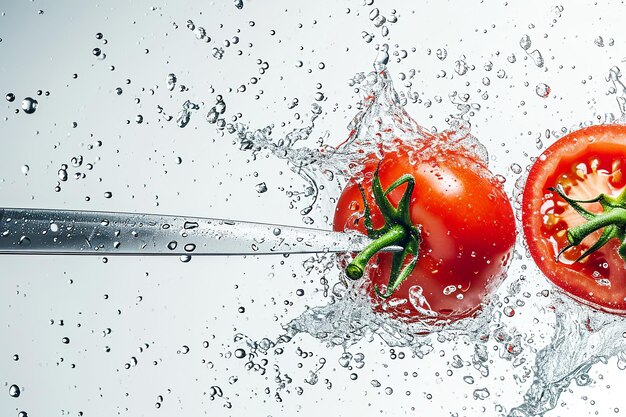 tomatoes slices with knife and water drops and splashes on white background