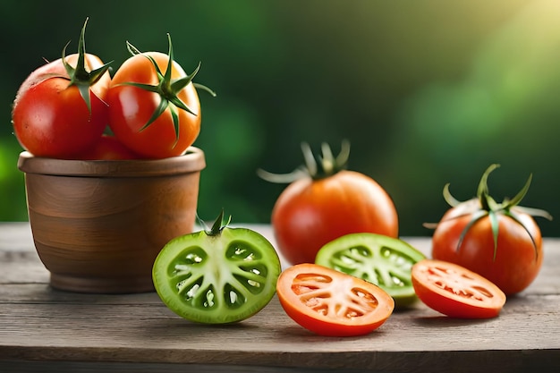 Tomatoes on a table with green background