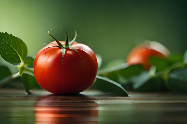 Tomatoes on a table with green leaves