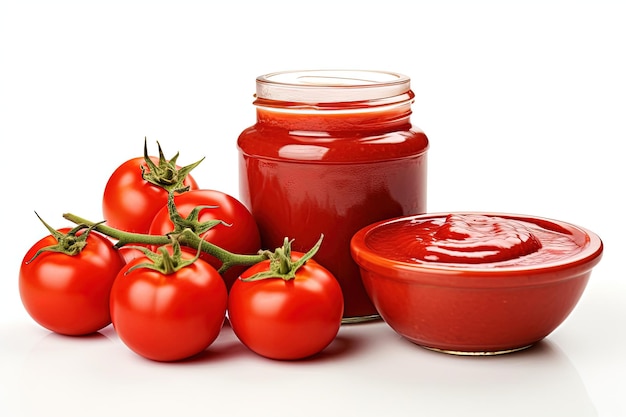 Tomatoes tomato paste jar and bowl isolated on white