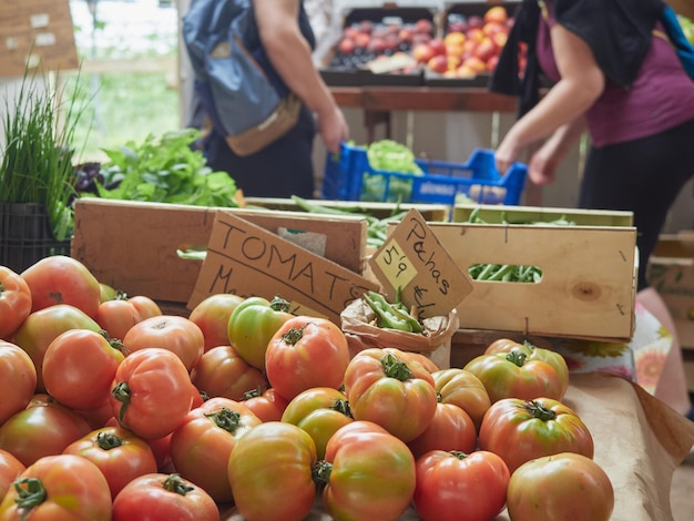 Tomatoes and vegetables for sale at farmers market