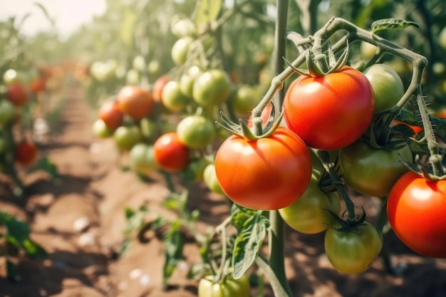 Tomatoes on a vine in a field