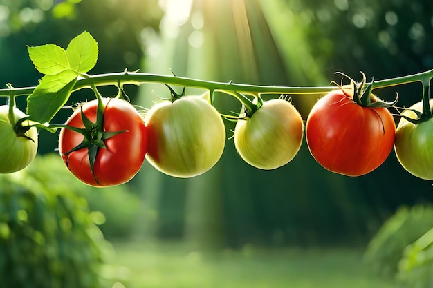 Tomatoes on a vine in a field