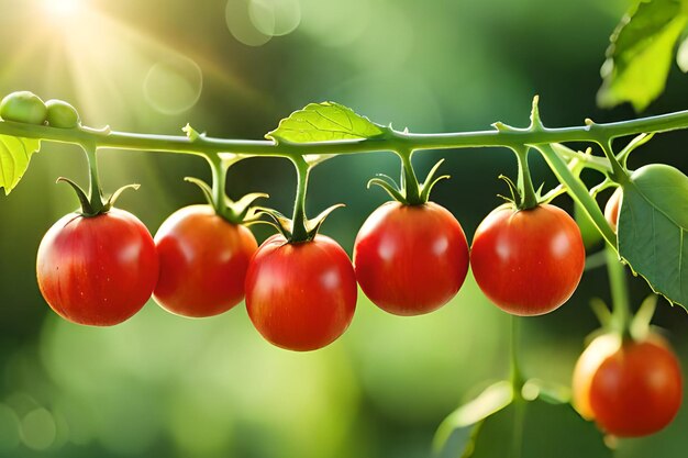 Tomatoes on a vine with green leaves