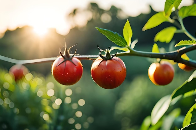 Tomatoes on a vine with the sun shining on them