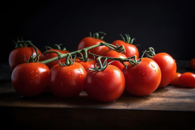 Tomatoes on a vine on a wooden table