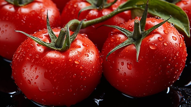 Tomatoes with water droplets on them on a black surface generative ai