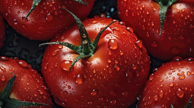 Tomatoes with water drops on them in a black tray