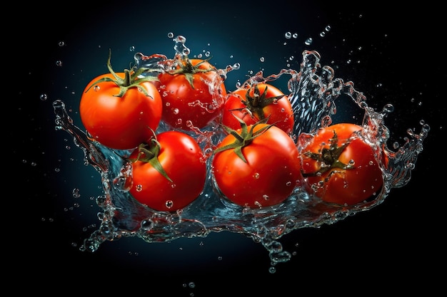 Tomatoes with water splash on black background Generative AI