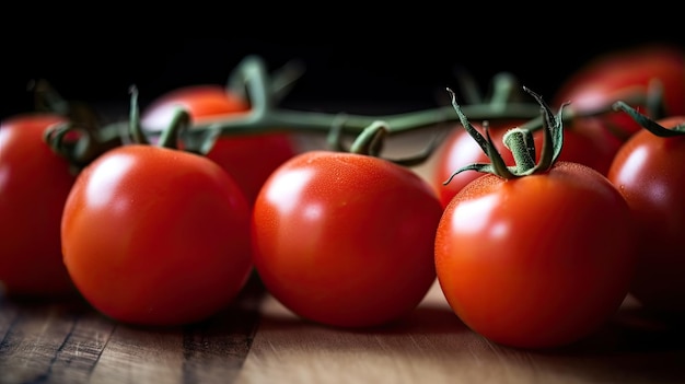 Tomatoes on a wooden surface with a black background